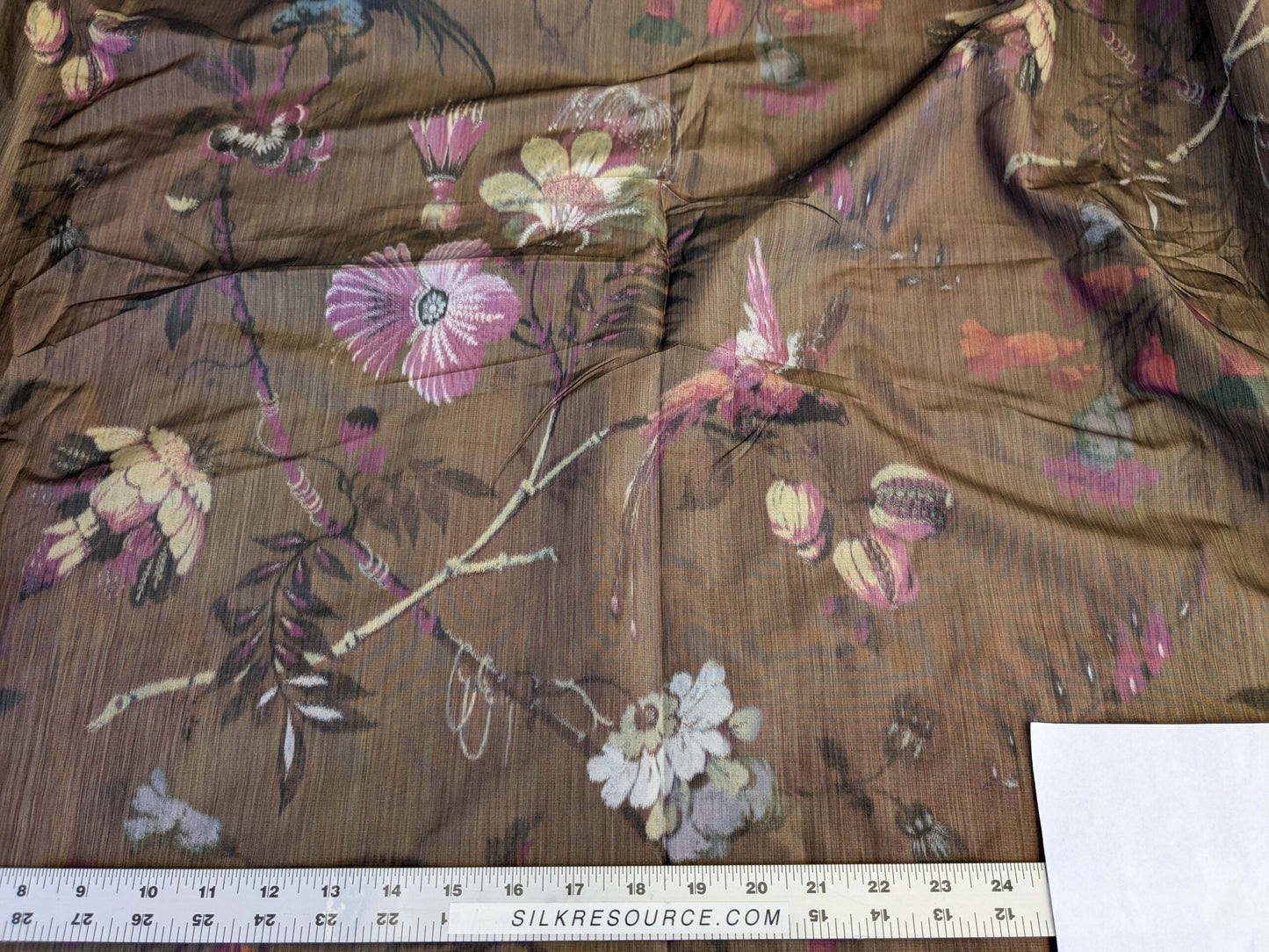 19 EV42 2.4y x 54"w Scalamandre Paradiso Bronze Brown Purple Bird Tropical Floral Silk Warp Print Fr France MSRP USD 450/Y