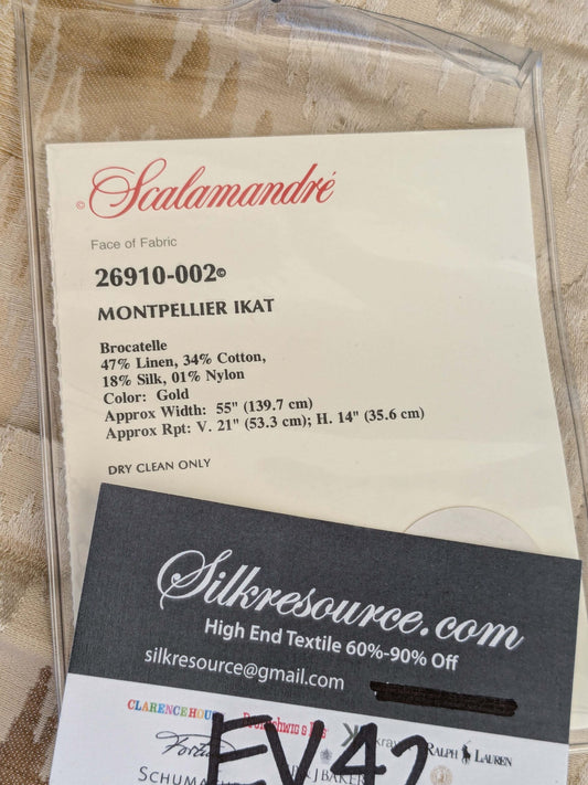 23 EV42 2.2y x 55"w Scalamandre Montpellier Ikat Brocatelle Gold Beige Peacock Feather Silk Linen Cotton Blend Thick