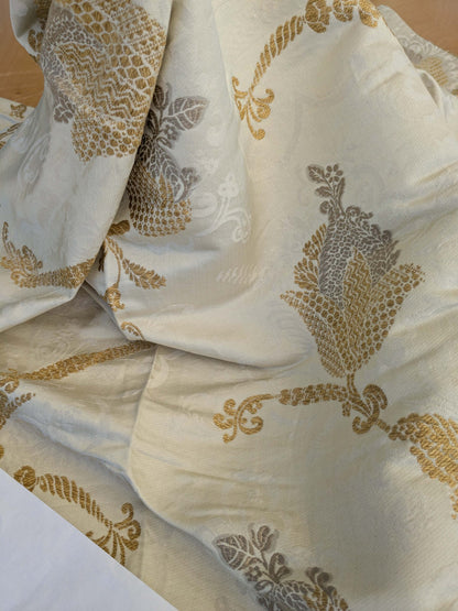 25 EV42 2.4y x 52"w Scalamandre Colony Vivaldi Silver Gold on Ivory Silk Lampas Botanical Foliage MSRP USD 640/y