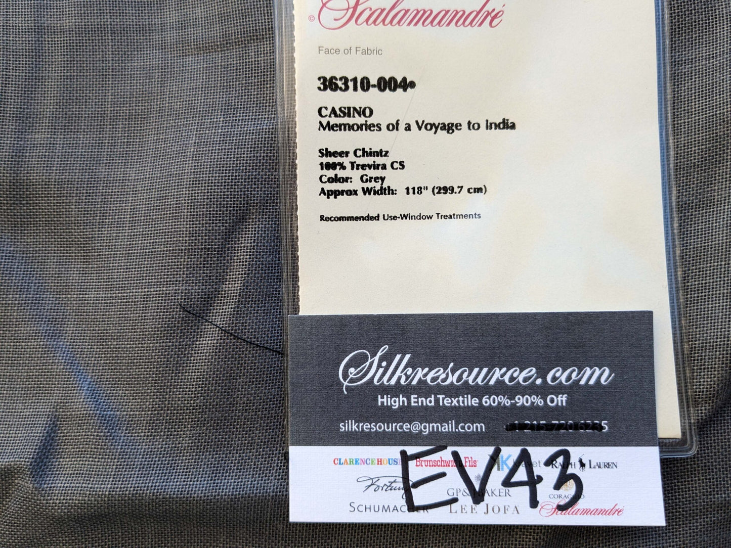 8 EV43 Sheers 2.4y x 56"w Scalamandre Casino Grey Memories of a Voyage to India Sheer Chintz Solid MSRP USD224/y