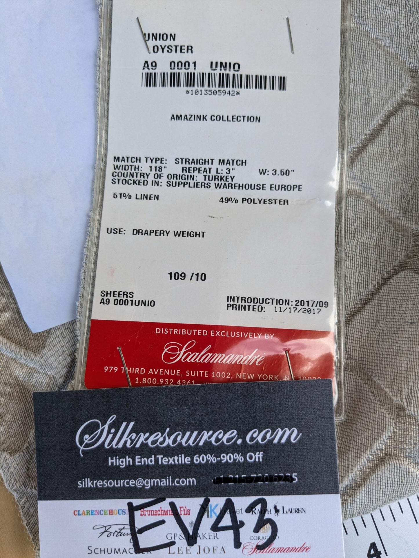 11 EV43 Sheers 2.4y x 51"w Scalamandre Union Oyster Geometric Gray Linen Polyester