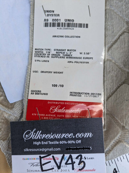 11 EV43 Sheers 2.4y x 51"w Scalamandre Union Oyster Geometric Gray Linen Polyester