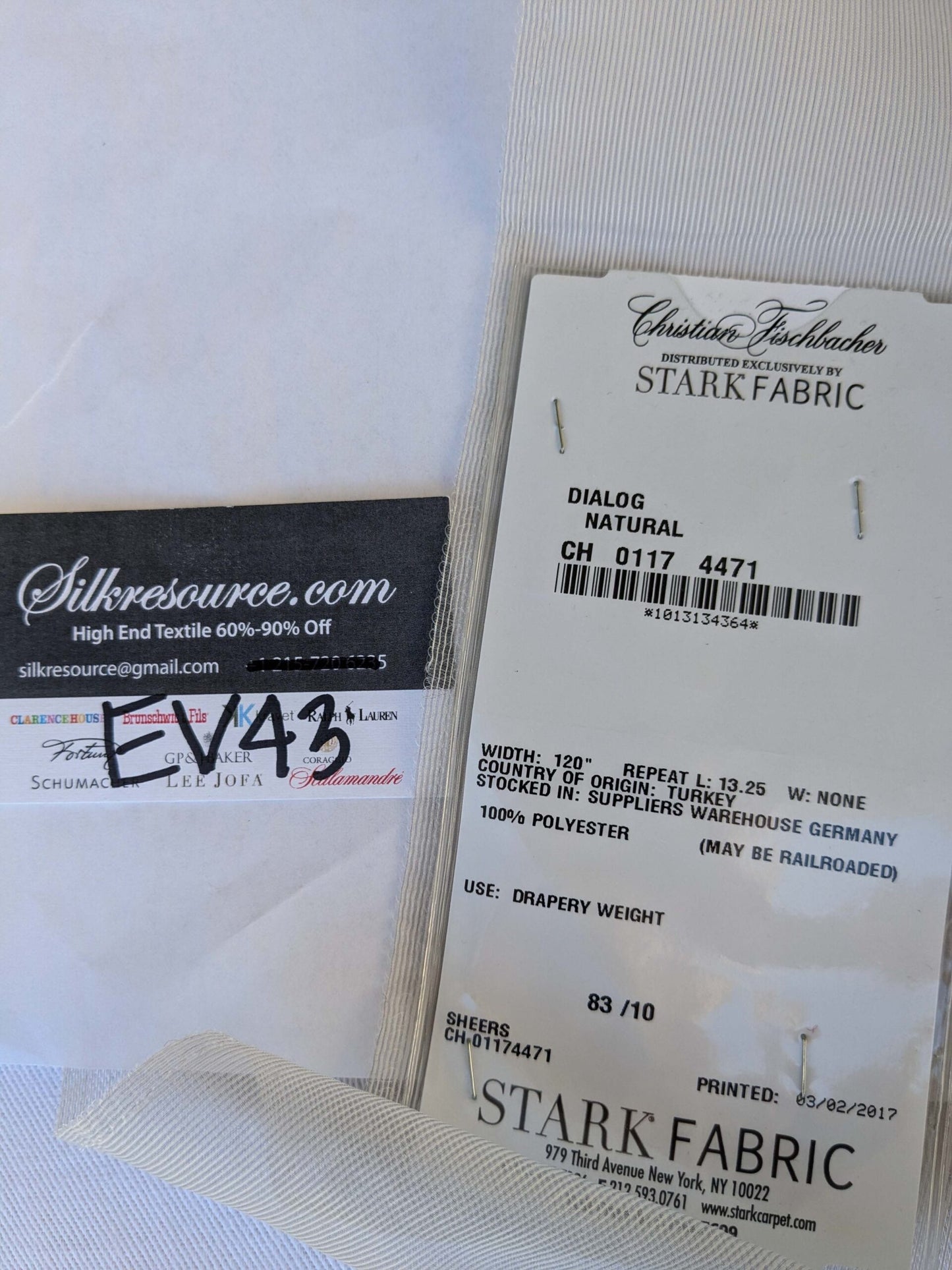 17 EV43 Sheers 2.5y x 56"w Scalamandre Christian Fischbacher Dialog Natural White Stripe Sheer Polyester