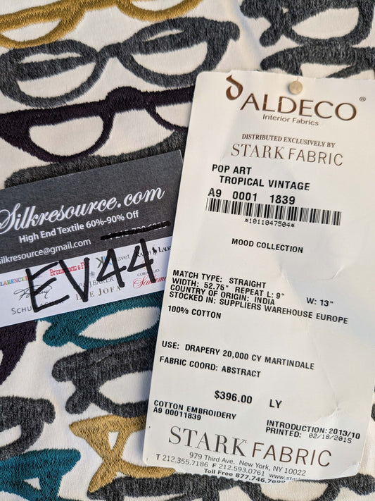 3 EV44 1.2y x 52"w Scalamandre Pop Art Black Tropical Vintage Gray Blue Black White Brown Art Deco Glasses Pattern Embroidery MSRP USD 640/y