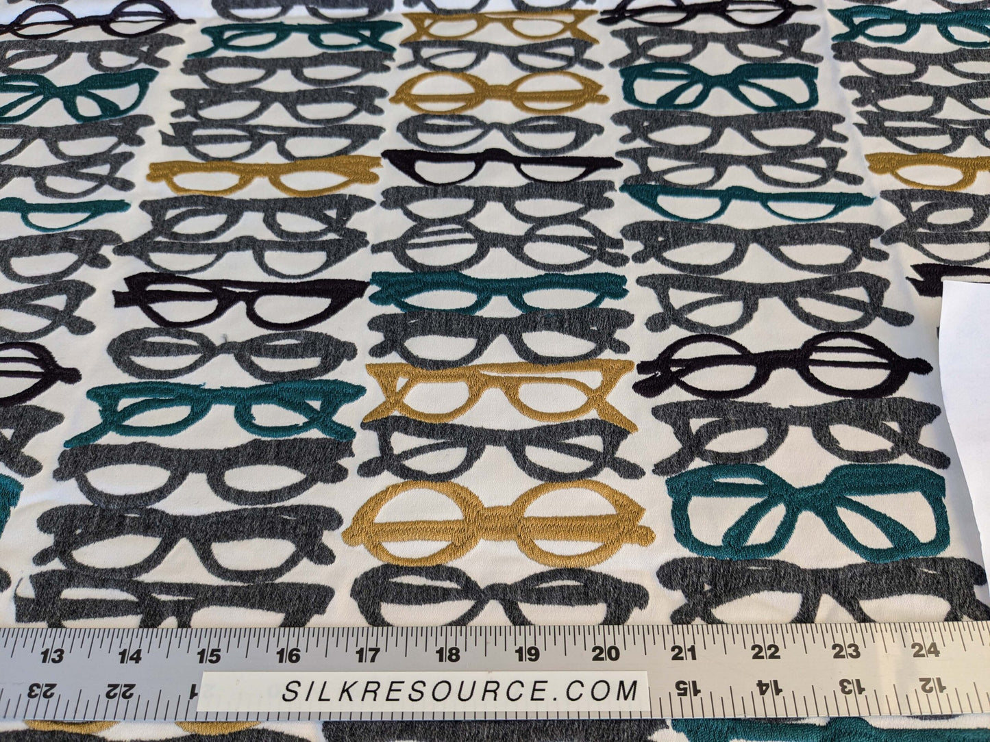 3 EV44 1.2y x 52"w Scalamandre Pop Art Black Tropical Vintage Gray Blue Black White Brown Art Deco Glasses Pattern Embroidery MSRP USD 640/y