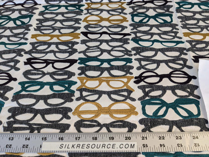 3 EV44 1.2y x 52"w Scalamandre Pop Art Black Tropical Vintage Gray Blue Black White Brown Art Deco Glasses Pattern Embroidery MSRP USD 640/y