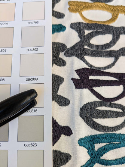 3 EV44 1.2y x 52"w Scalamandre Pop Art Black Tropical Vintage Gray Blue Black White Brown Art Deco Glasses Pattern Embroidery MSRP USD 640/y