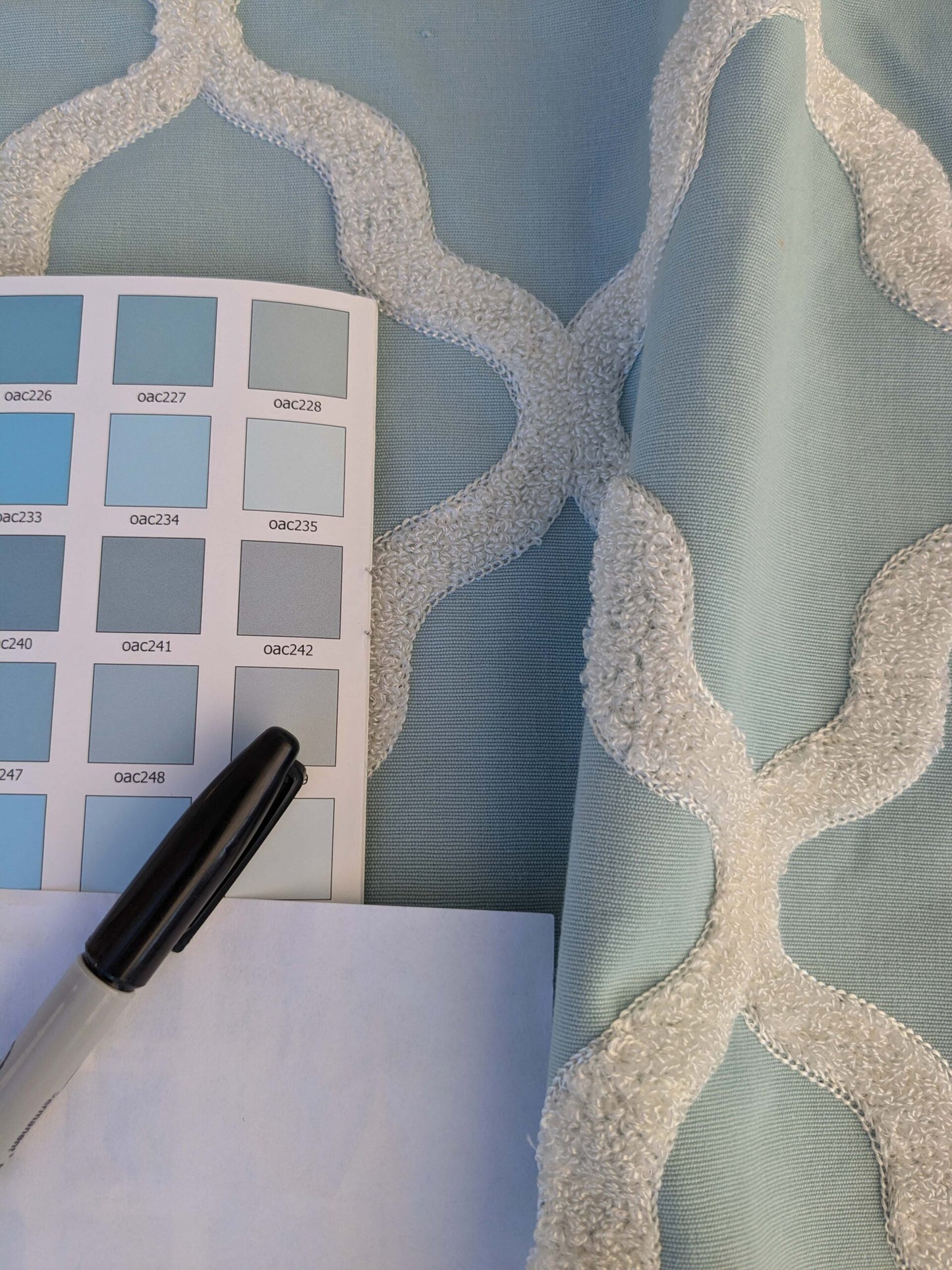 5 EV44 1.2y x 54"w Scalamandre Fonthill Astley Boucle Blue White Cream Diamond Ogee MSRP USD 338/Y