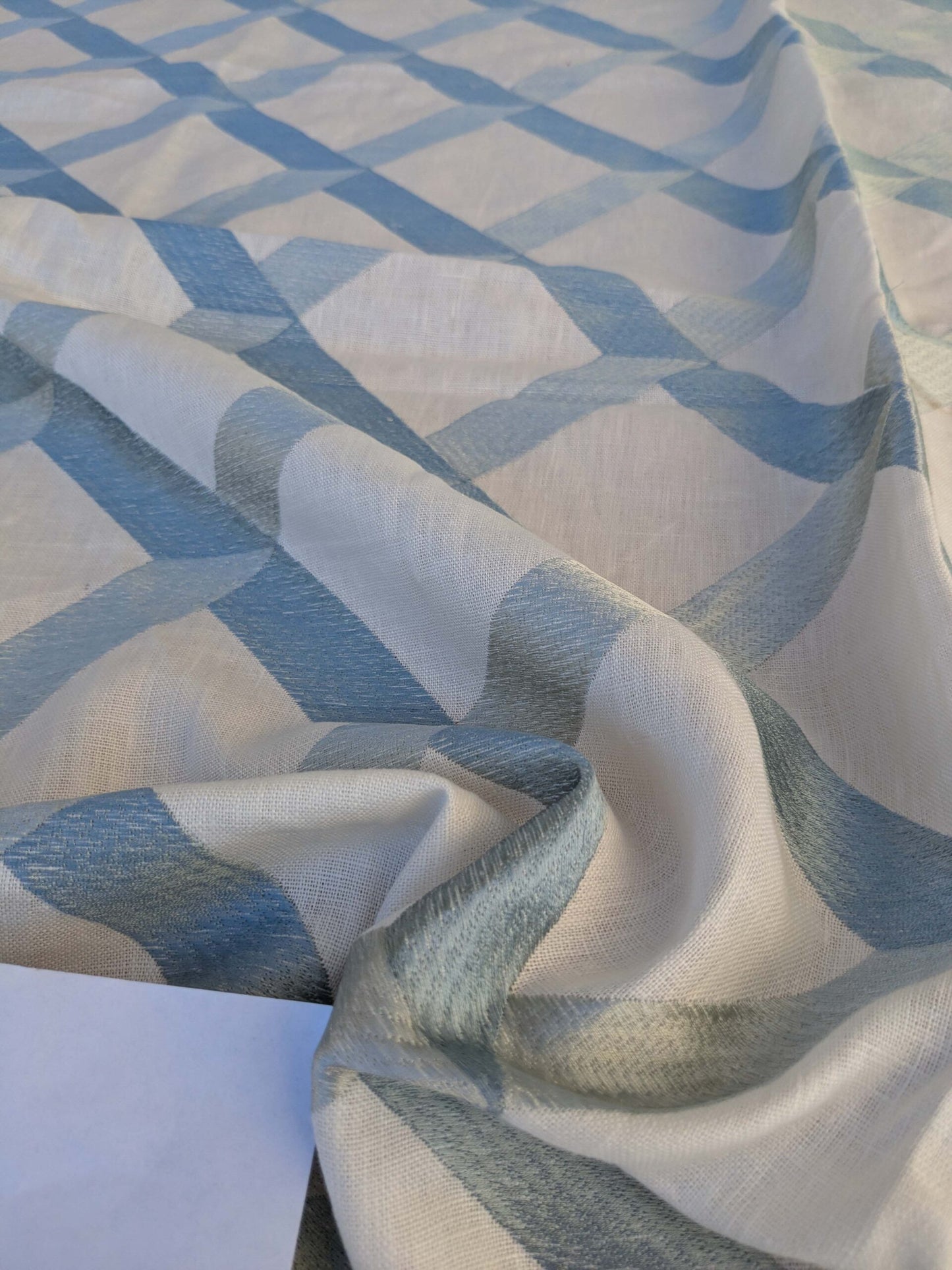 8 EV44 1.2yd x 54"w Scalamandre Lattice Embroidery Flax Beige Linen Viscose Diamond Geometry Small Stains