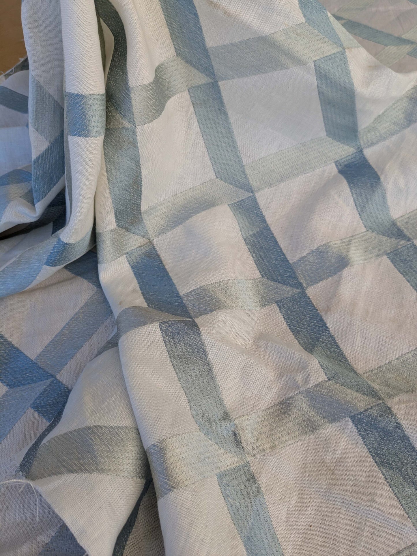 8 EV44 1.2yd x 54"w Scalamandre Lattice Embroidery Flax Beige Linen Viscose Diamond Geometry Small Stains