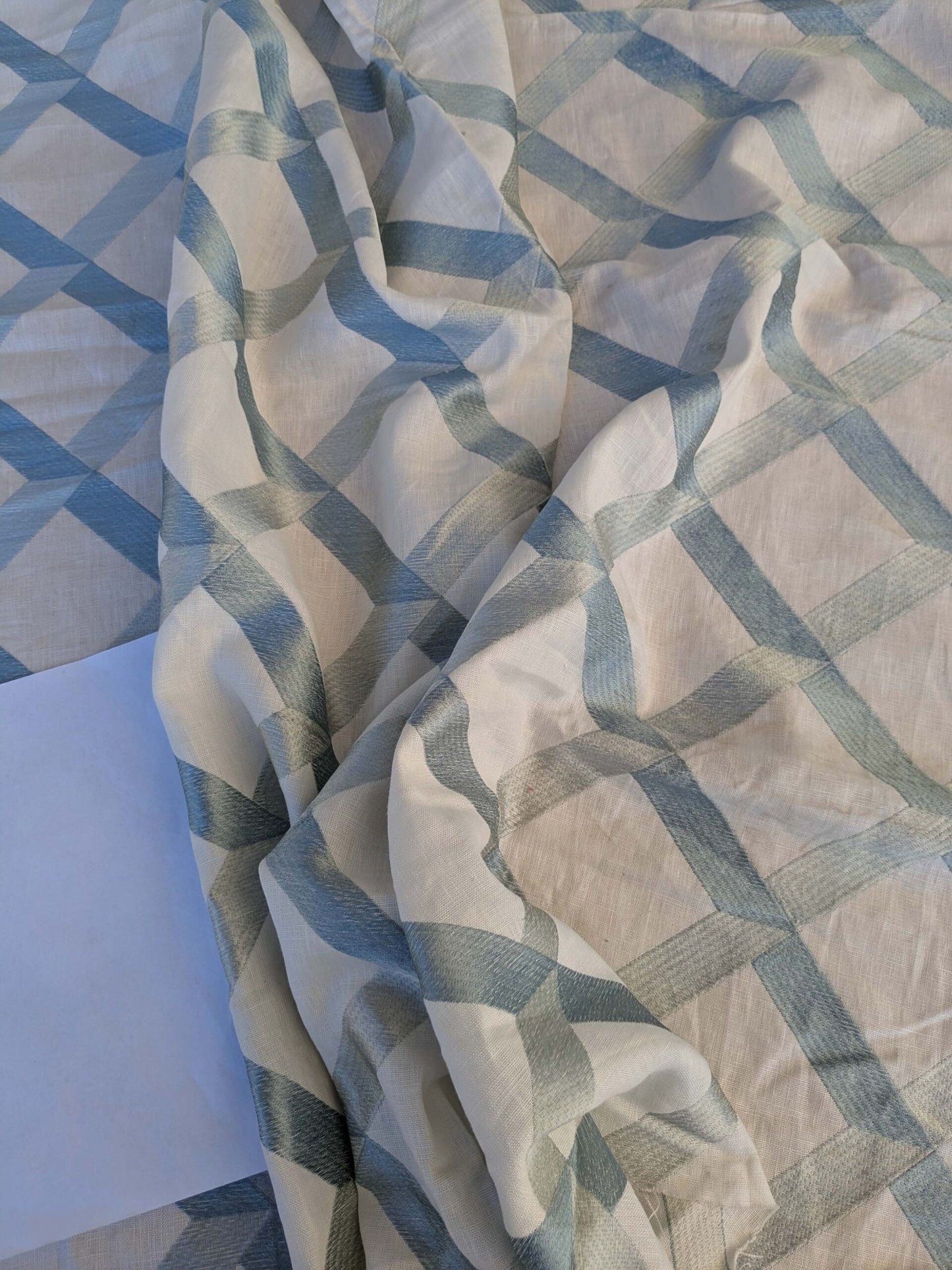 8 EV44 1.2yd x 54"w Scalamandre Lattice Embroidery Flax Beige Linen Viscose Diamond Geometry Small Stains