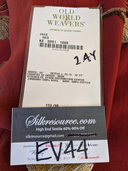 9 EV44 2.4yd x 54"w Scalamandre Jaya Red Wool Chrysanthemum Embroidery On Cotton MSRP USD 216/Y