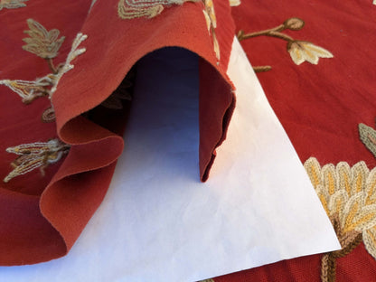 9 EV44 2.4yd x 54"w Scalamandre Jaya Red Wool Chrysanthemum Embroidery On Cotton MSRP USD 216/Y