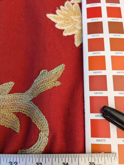 9 EV44 2.4yd x 54"w Scalamandre Jaya Red Wool Chrysanthemum Embroidery On Cotton MSRP USD 216/Y