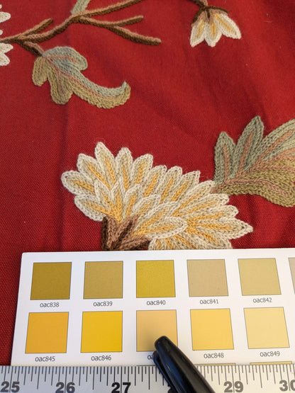 9 EV44 2.4yd x 54"w Scalamandre Jaya Red Wool Chrysanthemum Embroidery On Cotton MSRP USD 216/Y