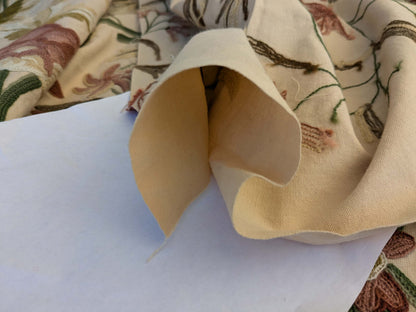 10 EV44 2.6yd x 60"w Scalamandre Old World Weavers Floribunda Floral Botanical Tree Foliage Brown Green Red on Beige Embroidery Historical MSRP US 400+/Y