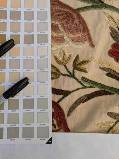 10 EV44 2.6yd x 60"w Scalamandre Old World Weavers Floribunda Floral Botanical Tree Foliage Brown Green Red on Beige Embroidery Historical MSRP US 400+/Y