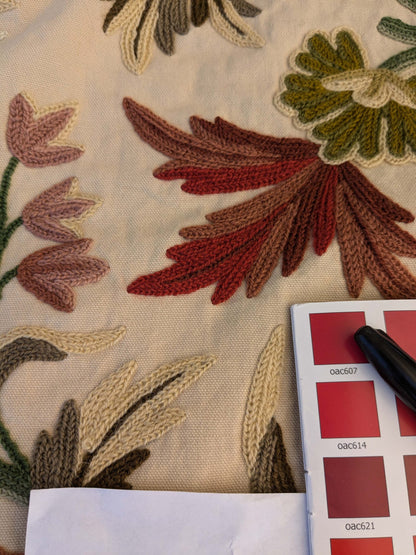 10 EV44 2.6yd x 60"w Scalamandre Old World Weavers Floribunda Floral Botanical Tree Foliage Brown Green Red on Beige Embroidery Historical MSRP US 400+/Y