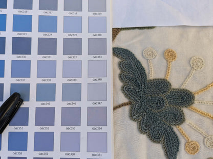 12 EV44 2.4yd x 55"w Scalamandre Antoine Blue and White Wool Crewel on Cotton Embroidery MSRP USD 338/Y