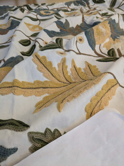 12 EV44 2.4yd x 55"w Scalamandre Antoine Blue and White Wool Crewel on Cotton Embroidery MSRP USD 338/Y