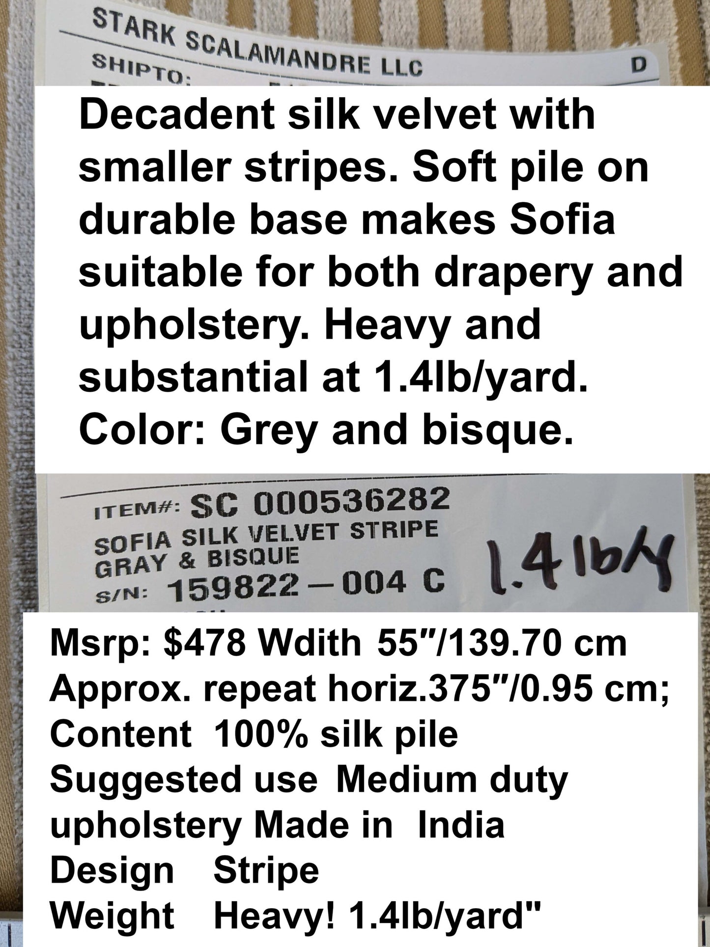 by yard Scalamandre Sofia Silk Velvet Stripe Gray and Bisque Silk Pile Light Brown MSRP USD478/y