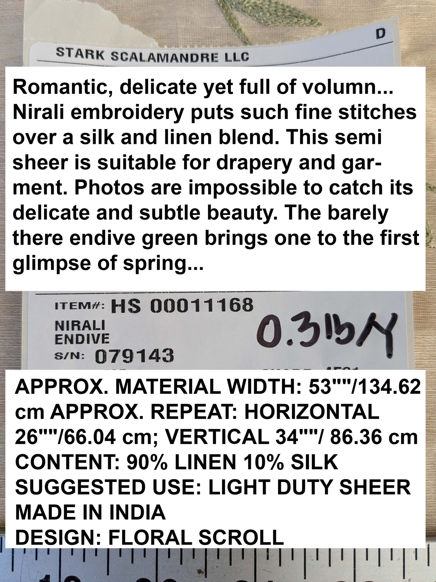 by yard Scalamandre Nirali Endive Dreamy Silk Linen Sheer with Embroidery Green on White Floral Silk Linen MSRP USD 238/y