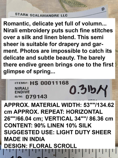 by yard Scalamandre Nirali Endive Dreamy Silk Linen Sheer with Embroidery Green on White Floral Silk Linen MSRP USD 238/y