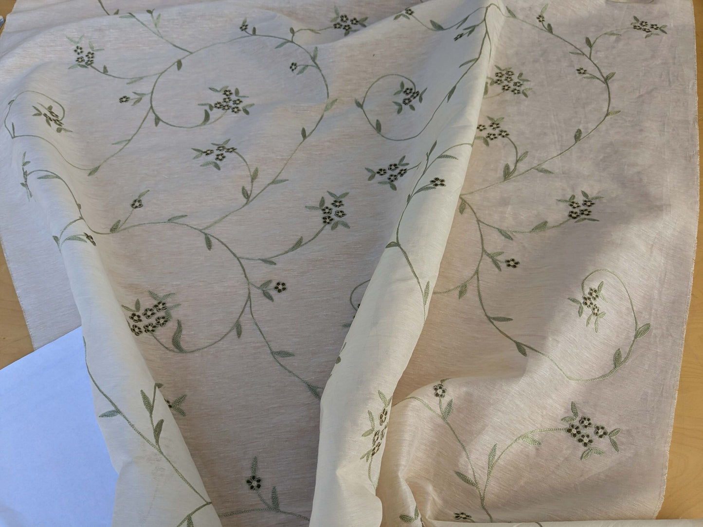 by yard Scalamandre Nirali Endive Dreamy Silk Linen Sheer with Embroidery Green on White Floral Silk Linen MSRP USD 238/y