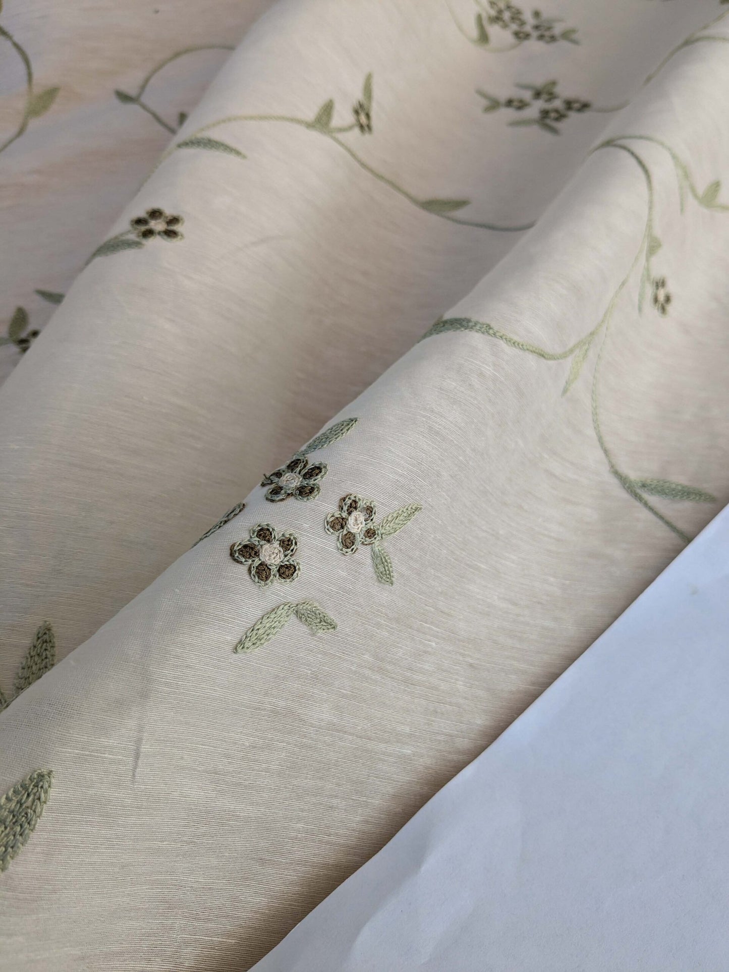 by yard Scalamandre Nirali Endive Dreamy Silk Linen Sheer with Embroidery Green on White Floral Silk Linen MSRP USD 238/y