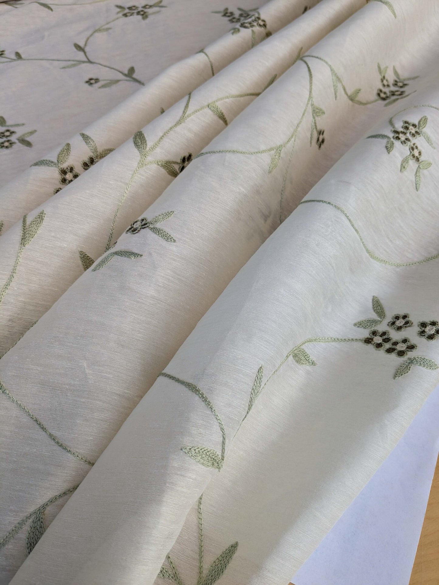 by yard Scalamandre Nirali Endive Dreamy Silk Linen Sheer with Embroidery Green on White Floral Silk Linen MSRP USD 238/y
