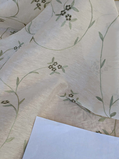 by yard Scalamandre Nirali Endive Dreamy Silk Linen Sheer with Embroidery Green on White Floral Silk Linen MSRP USD 238/y