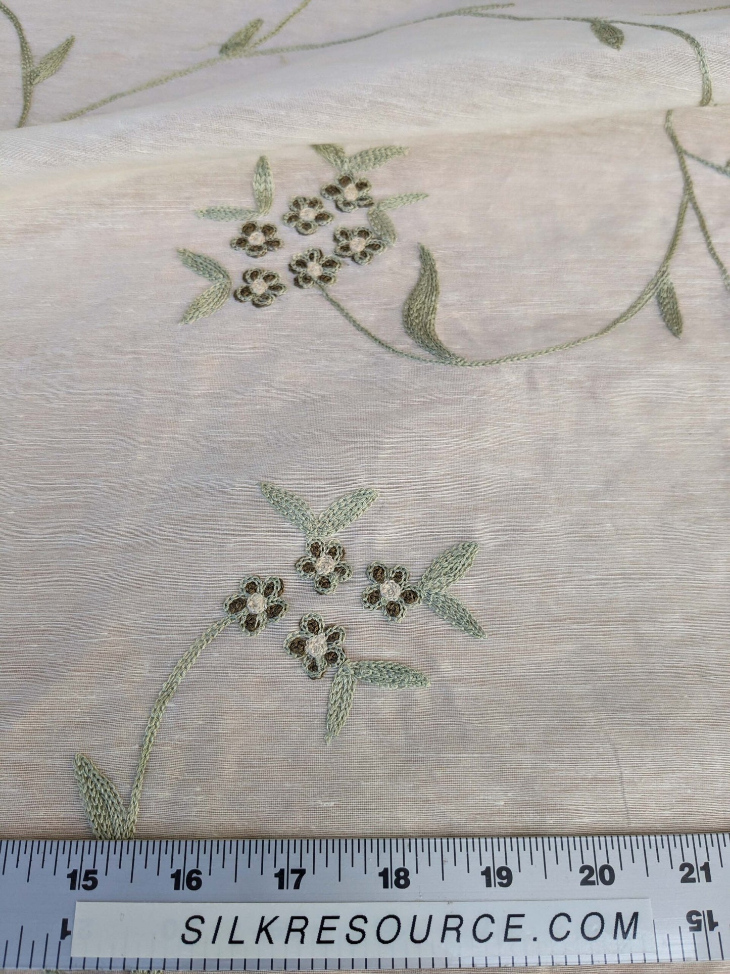 by yard Scalamandre Nirali Endive Dreamy Silk Linen Sheer with Embroidery Green on White Floral Silk Linen MSRP USD 238/y