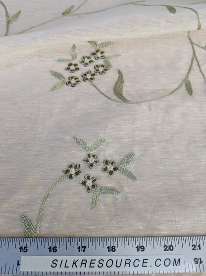 by yard Scalamandre Nirali Endive Dreamy Silk Linen Sheer with Embroidery Green on White Floral Silk Linen MSRP USD 238/y