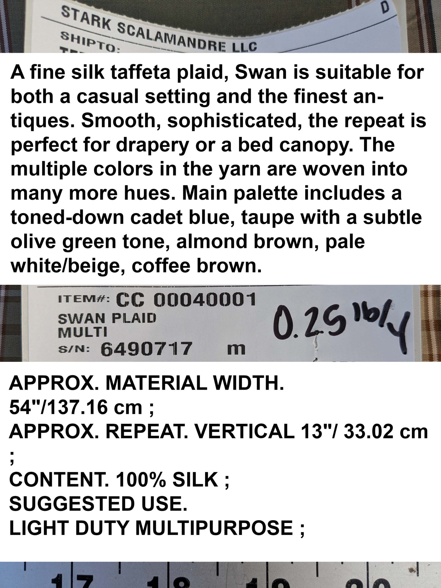 by yard Scalamandre Swan Plaid Silk Plaid Check Tartan Blue Neutral Silk Taffeta Crisp Multi MSRP USD156/y