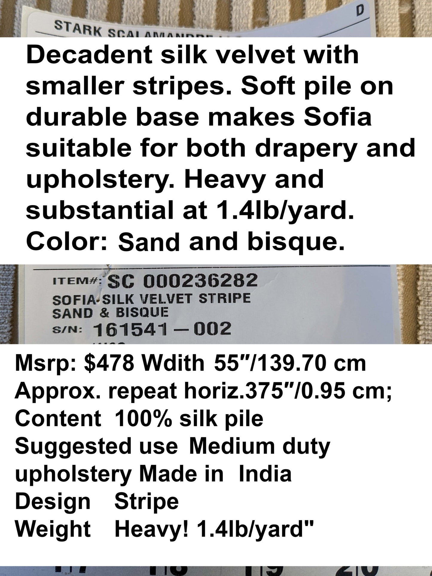 by yard Scalamandre Sofia Silk Velvet Stripe Sand and Bisque Silk Pile Light Brown MSRP USD478/y