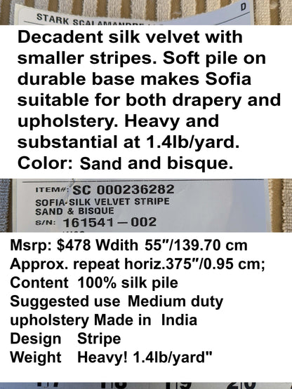 by yard Scalamandre Sofia Silk Velvet Stripe Sand and Bisque Silk Pile Light Brown MSRP USD478/y