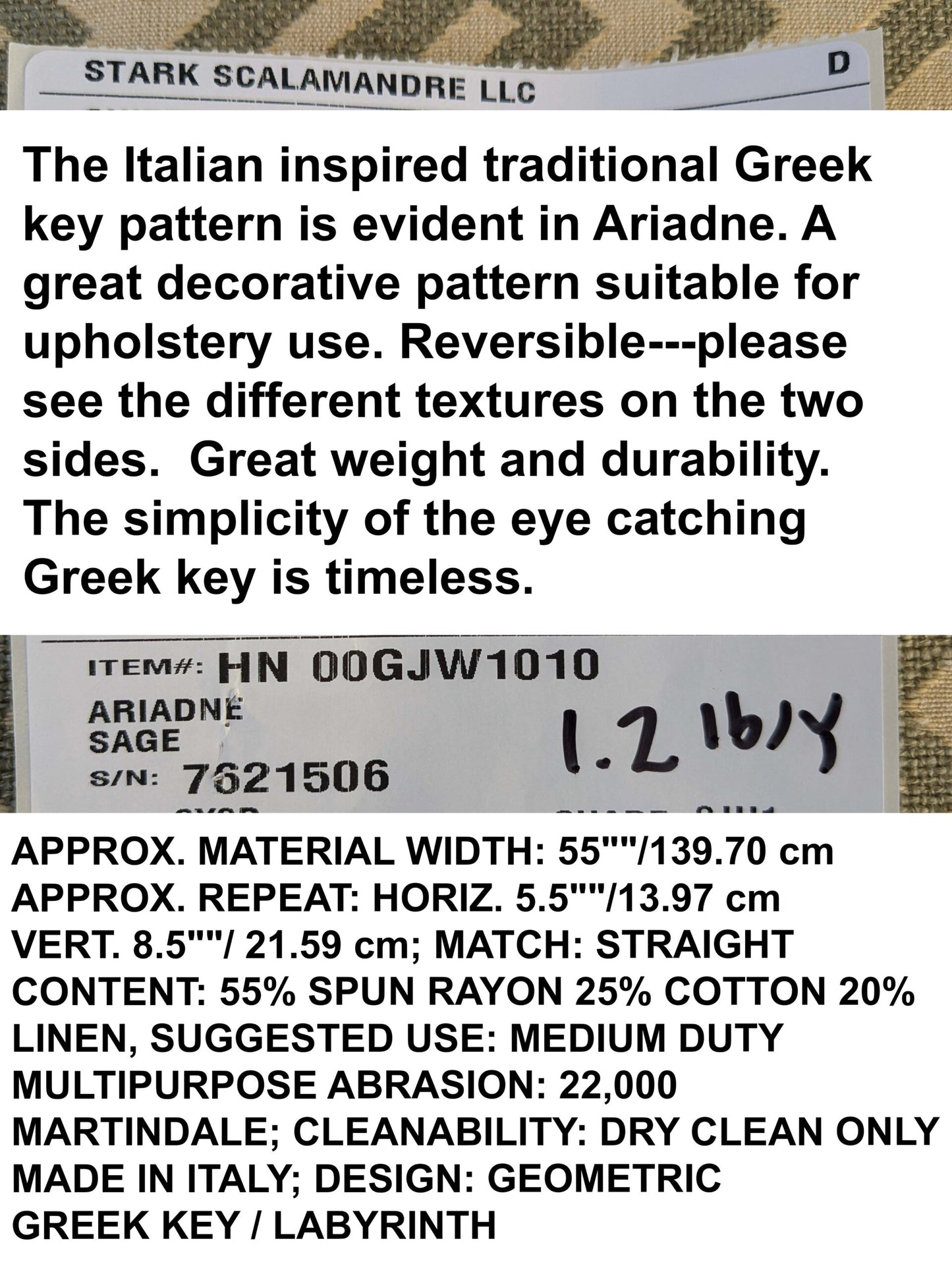 by yard Scalamandre Ariadne Sage Greek Key Italian Jacquard Woven MSRP USD 160/y