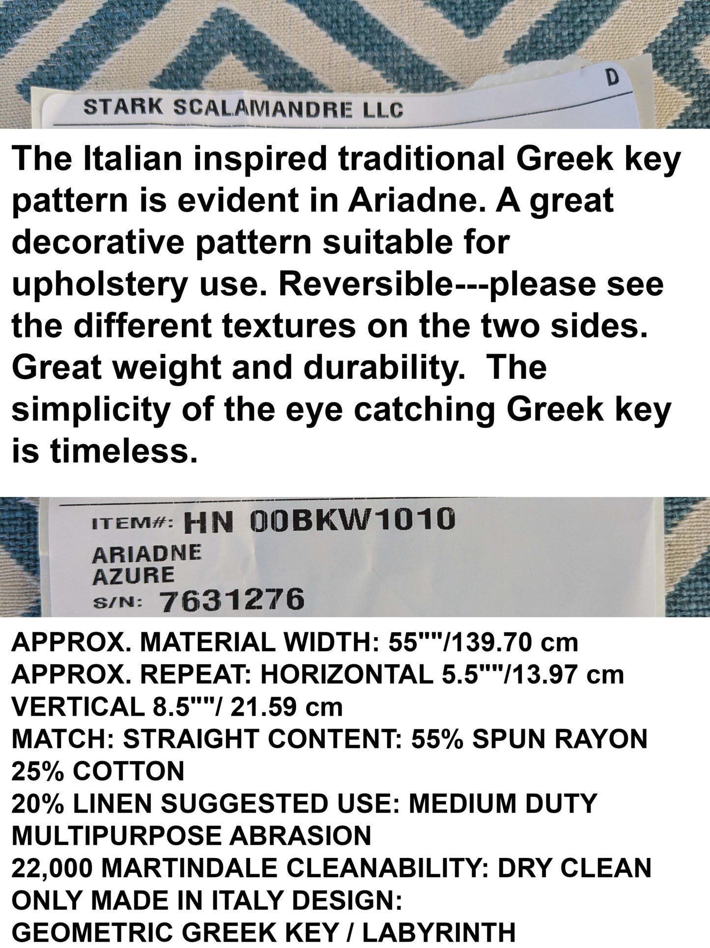 by yard Scalamandre Ariadne Azure Blue Beige Greek Key Italian Jacquard Woven MSRP USD 160/y