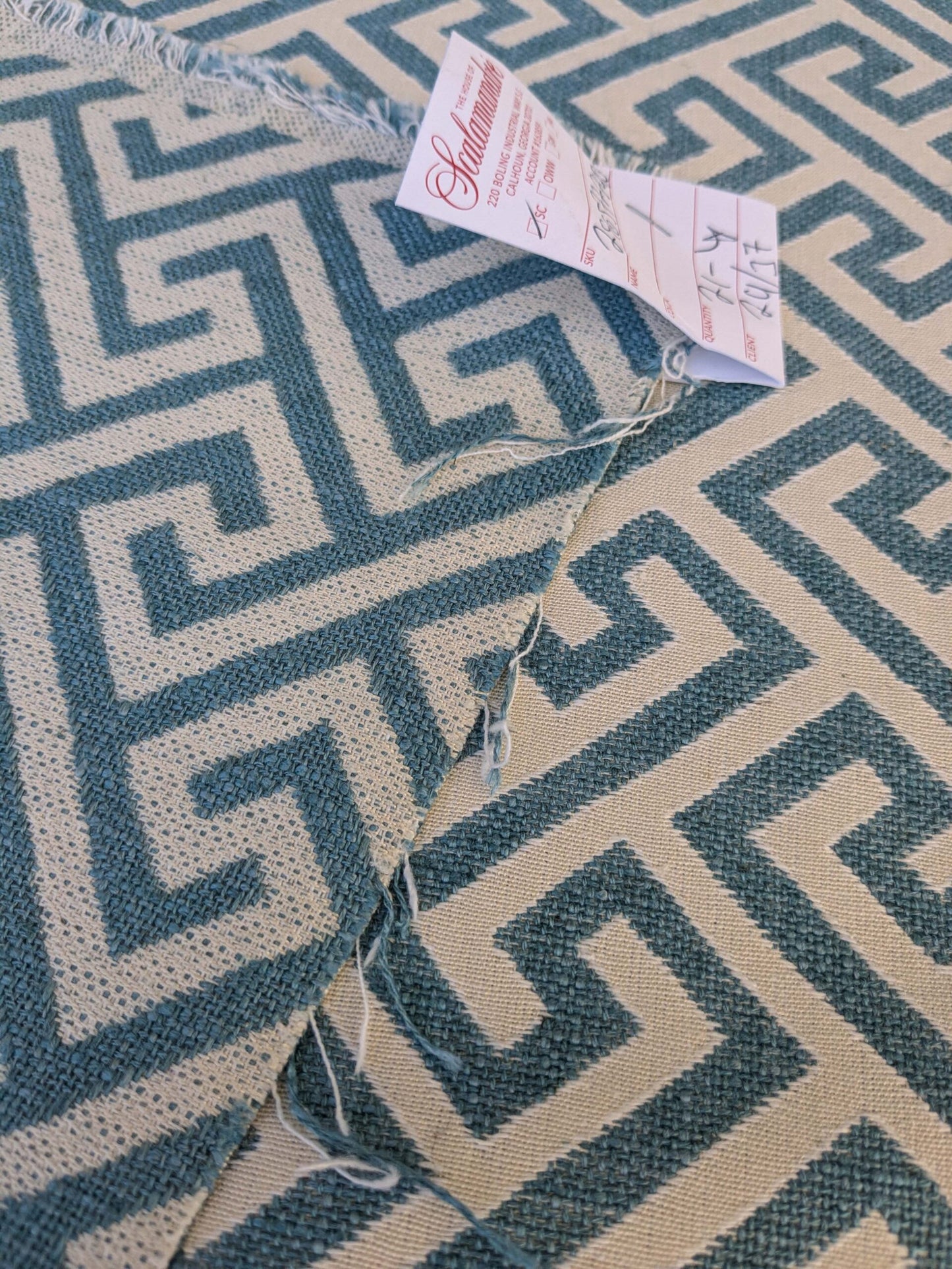 by yard Scalamandre Ariadne Azure Blue Beige Greek Key Italian Jacquard Woven MSRP USD 160/y