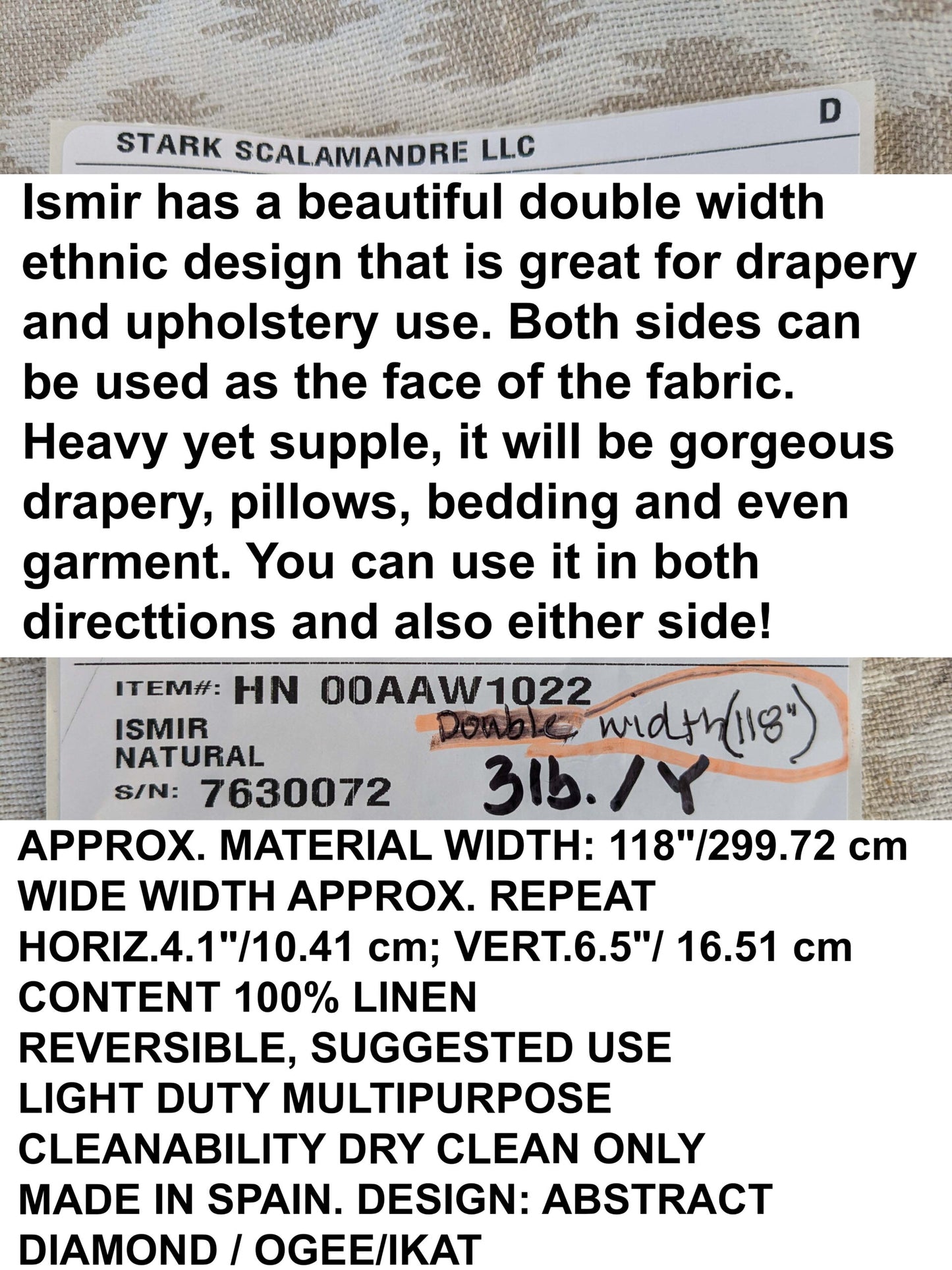 by yard Scalamandre Ismir Natural Cream White Linen Print Orgee Diamond Double Width from Spain MARP USD364/y