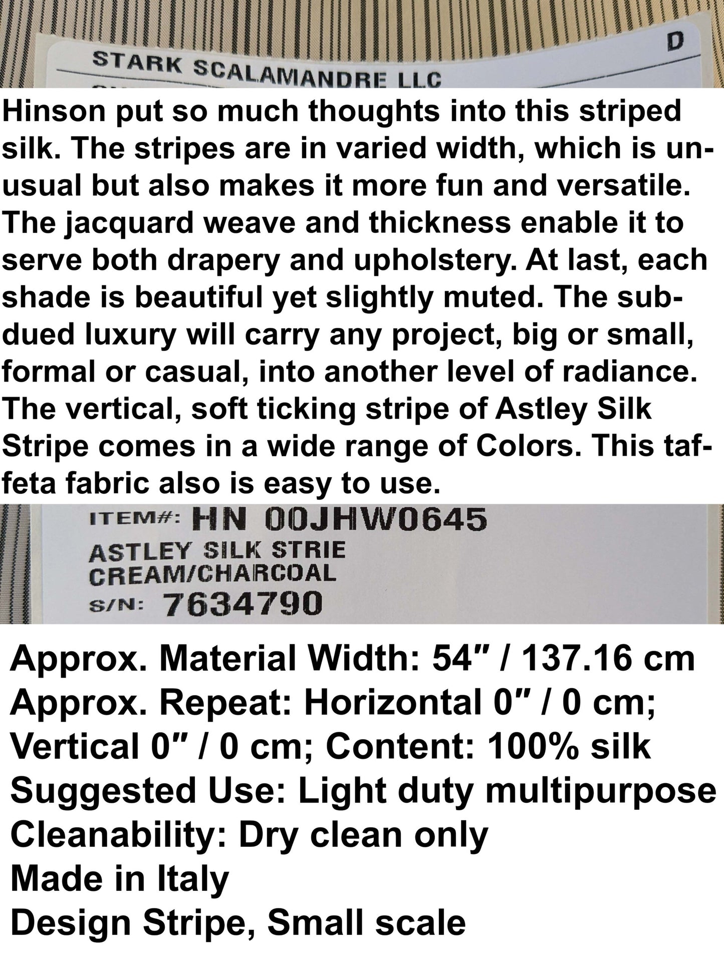 by yard Scalamandre Astley Silk Strie Cream Charcoal Beige Dark Gray White Pin Stripe Small Scale MSRP USD350+/yard