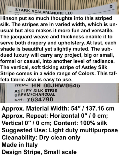 by yard Scalamandre Astley Silk Strie Cream Charcoal Beige Dark Gray White Pin Stripe Small Scale MSRP USD350+/yard