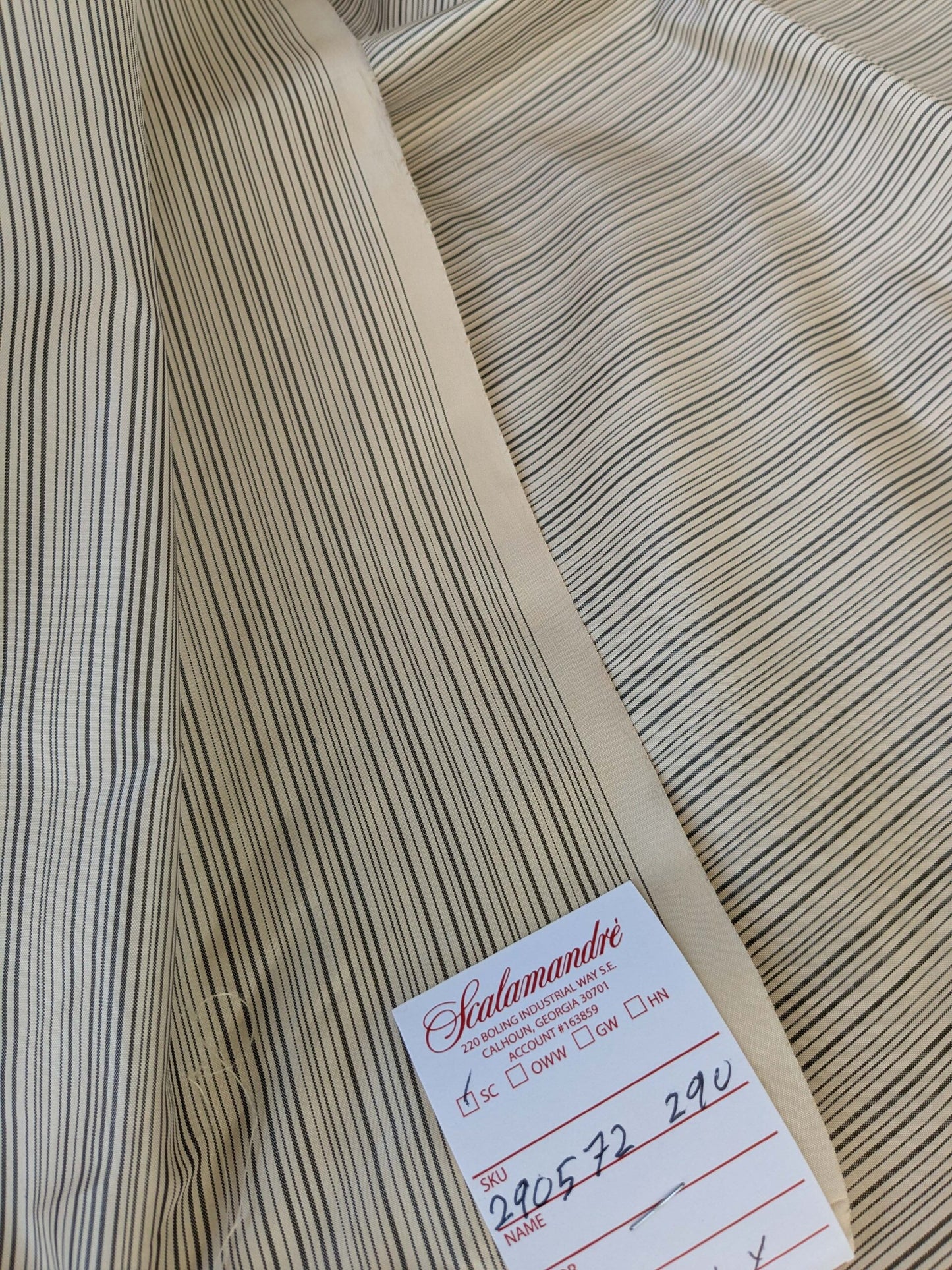 by yard Scalamandre Astley Silk Strie Cream Charcoal Beige Dark Gray White Pin Stripe Small Scale MSRP USD350+/yard