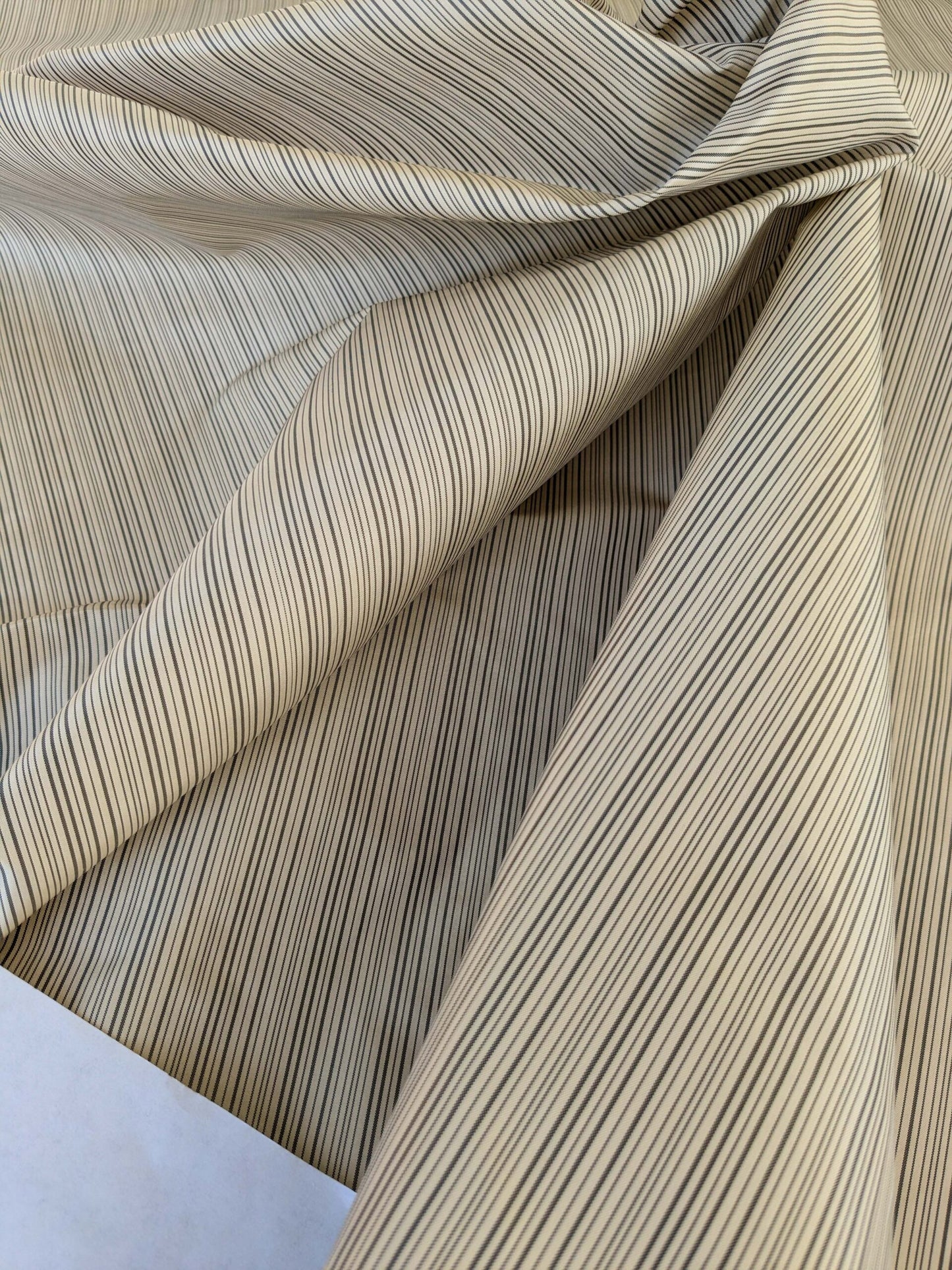 by yard Scalamandre Astley Silk Strie Cream Charcoal Beige Dark Gray White Pin Stripe Small Scale MSRP USD350+/yard