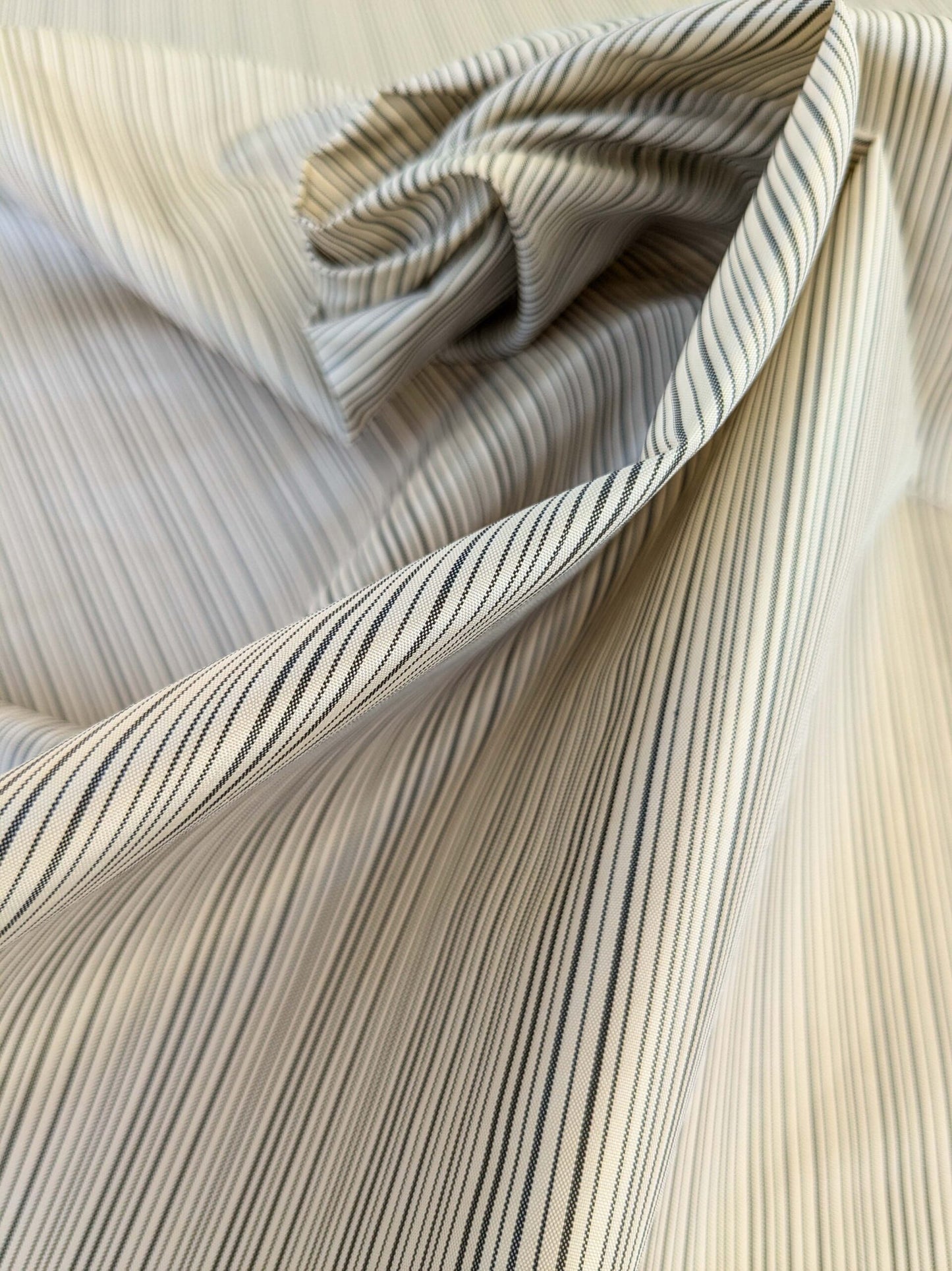 by yard Scalamandre Astley Silk Strie Cream Charcoal Beige Dark Gray White Pin Stripe Small Scale MSRP USD350+/yard