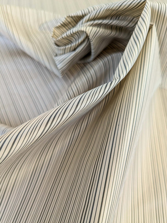 by yard Scalamandre Astley Silk Strie Cream Charcoal Beige Dark Gray White Pin Stripe Small Scale MSRP USD350+/yard