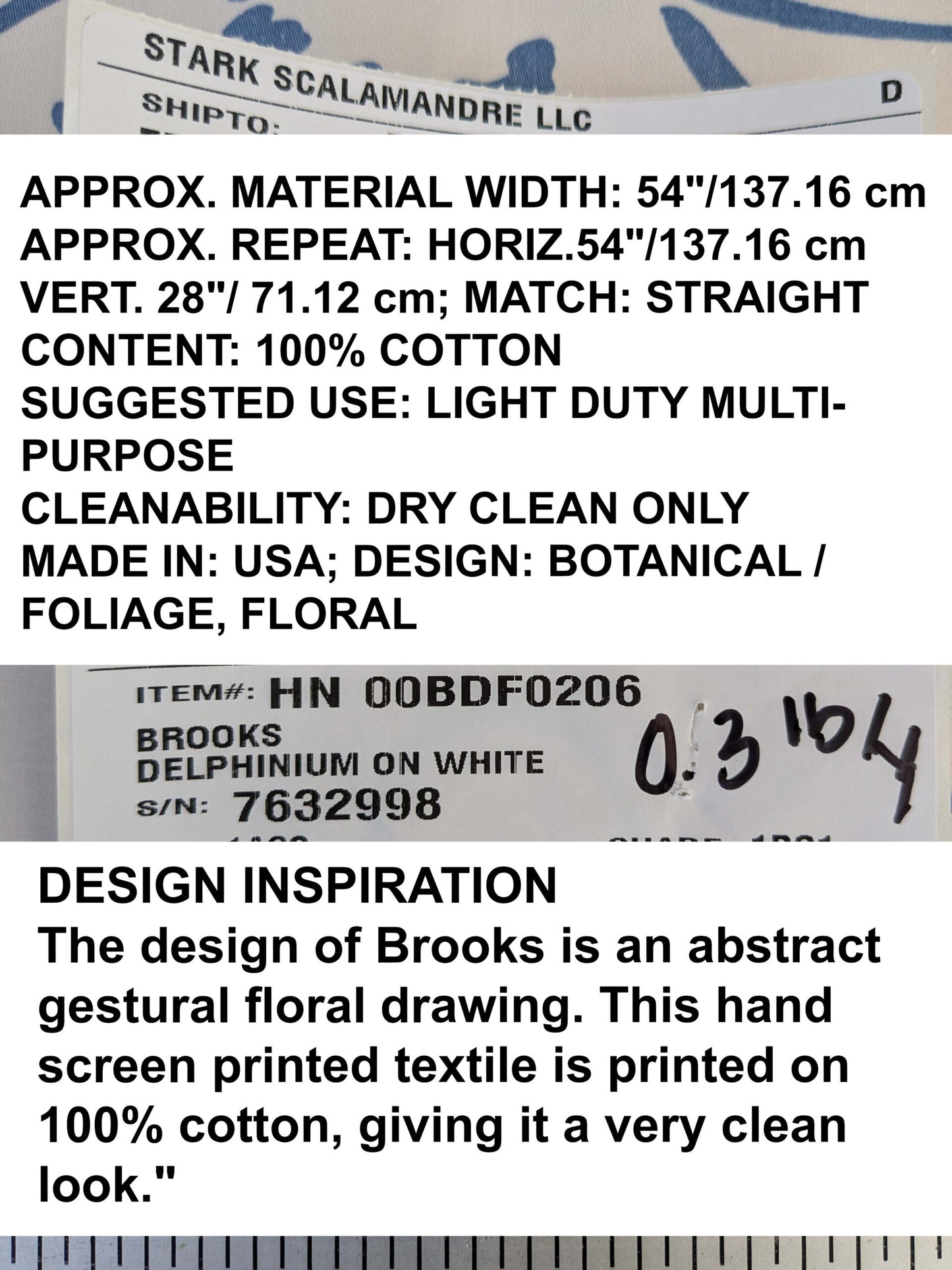 by yard Scalamandre Brooks Delphinium on White Modern Art Floral Print Cotton MSRP USD 180/y