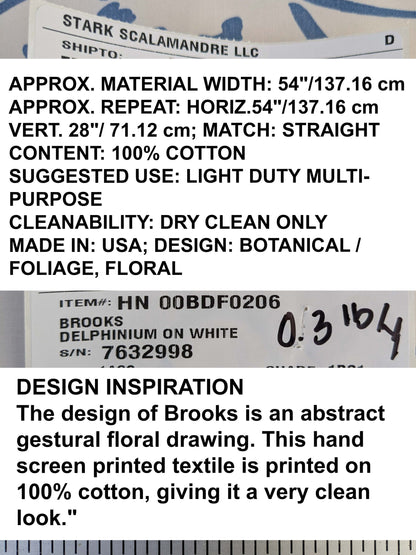 by yard Scalamandre Brooks Delphinium on White Modern Art Floral Print Cotton MSRP USD 180/y