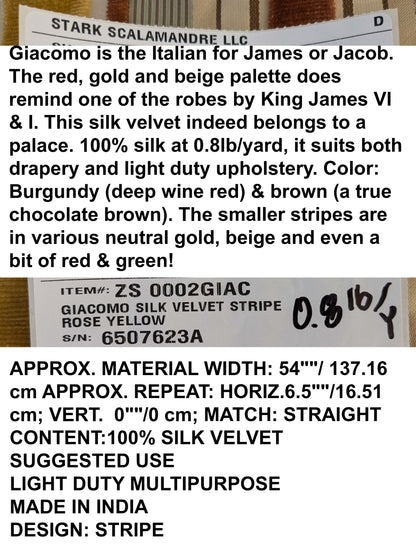 by yard Scalamandre Giacomo Silk Velvet Stripe Rose Yellow Decadent Silk Pile MSRP USD500/y