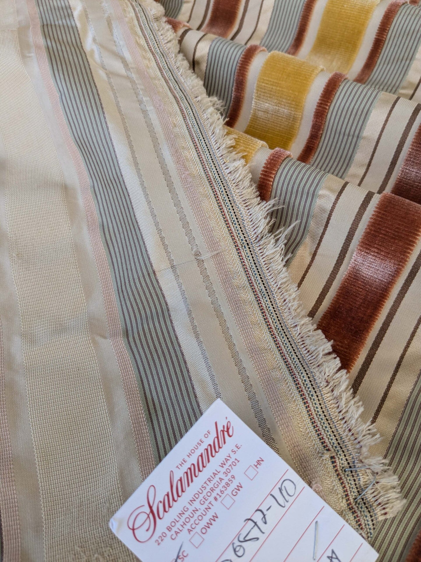 by yard Scalamandre Giacomo Silk Velvet Stripe Rose Yellow Decadent Silk Pile MSRP USD500/y